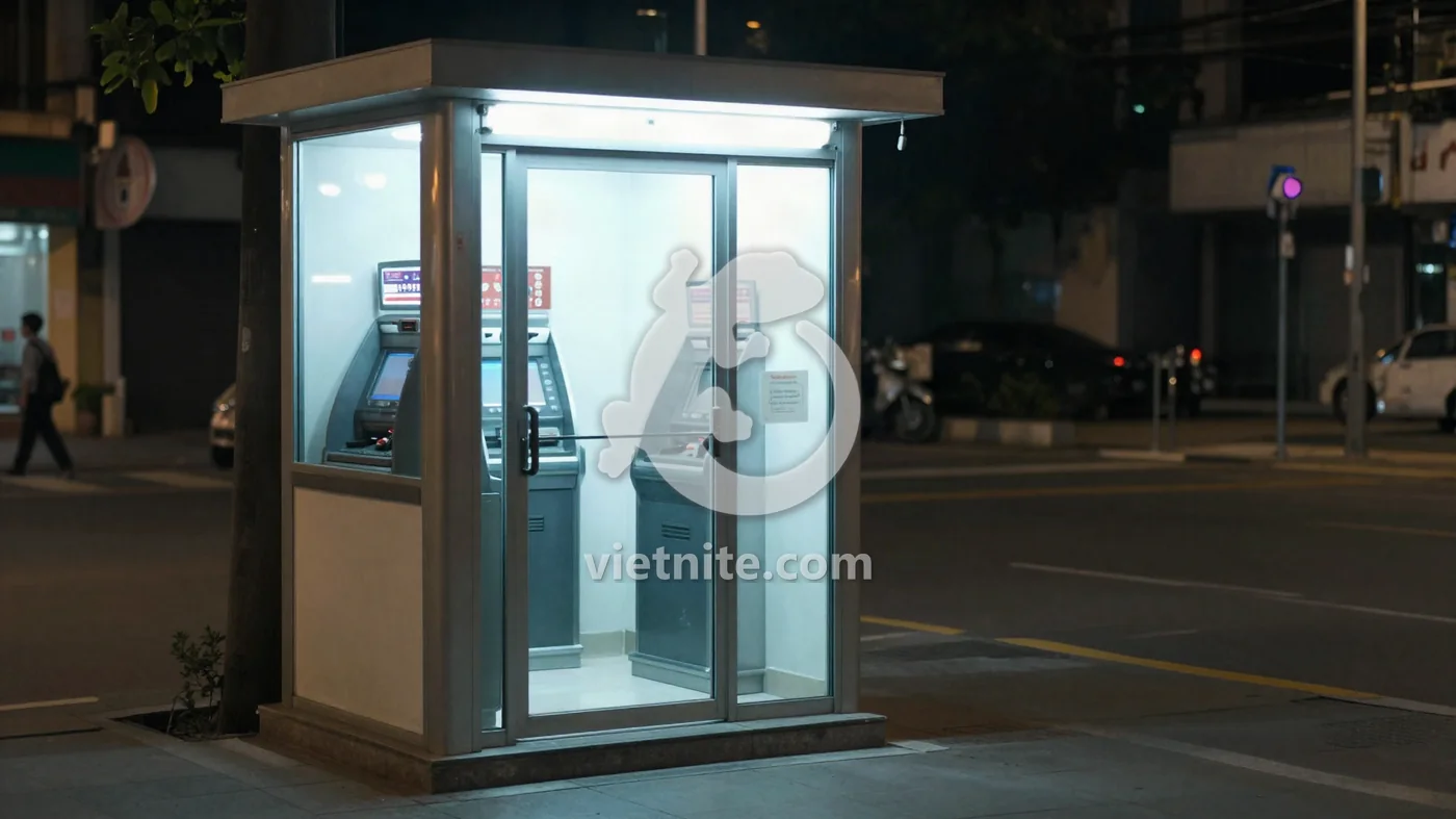 베트남 거리의 밤 ATM 부스에서 새어 나오는 흰 조명