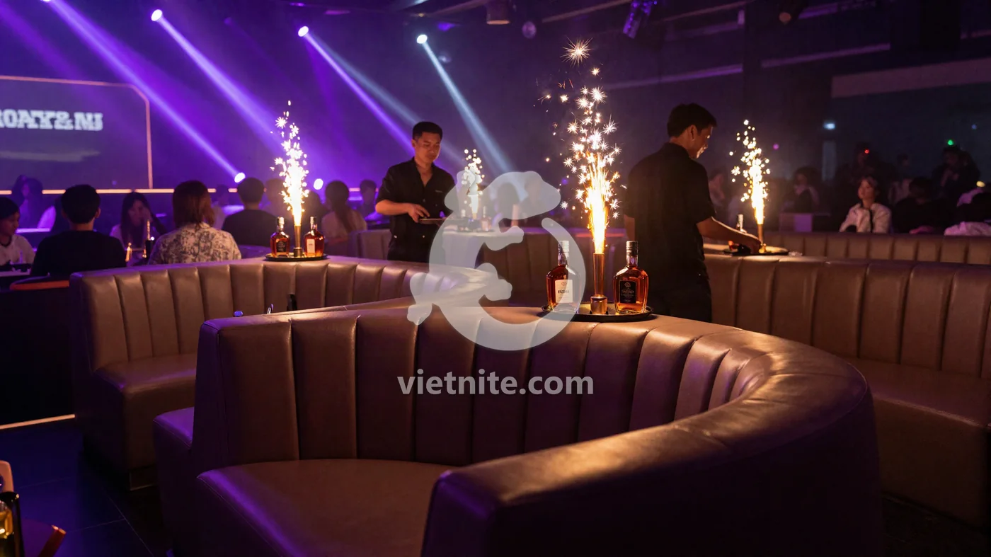 다낭 뉴풍동 나이트클럽 분위기 안내 이미지 — VIP 소파석과 보틀 서비스