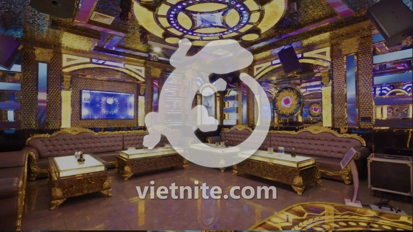 아노바 가라오케 VIP 대형룸 — 가죽 소파와 금장 테이블, 벽면 노래방 화면