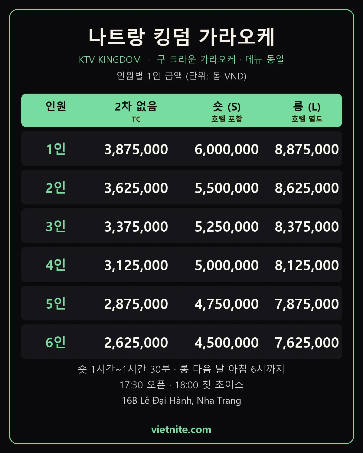 킹덤 가라오케 요금표(2026.10.02)