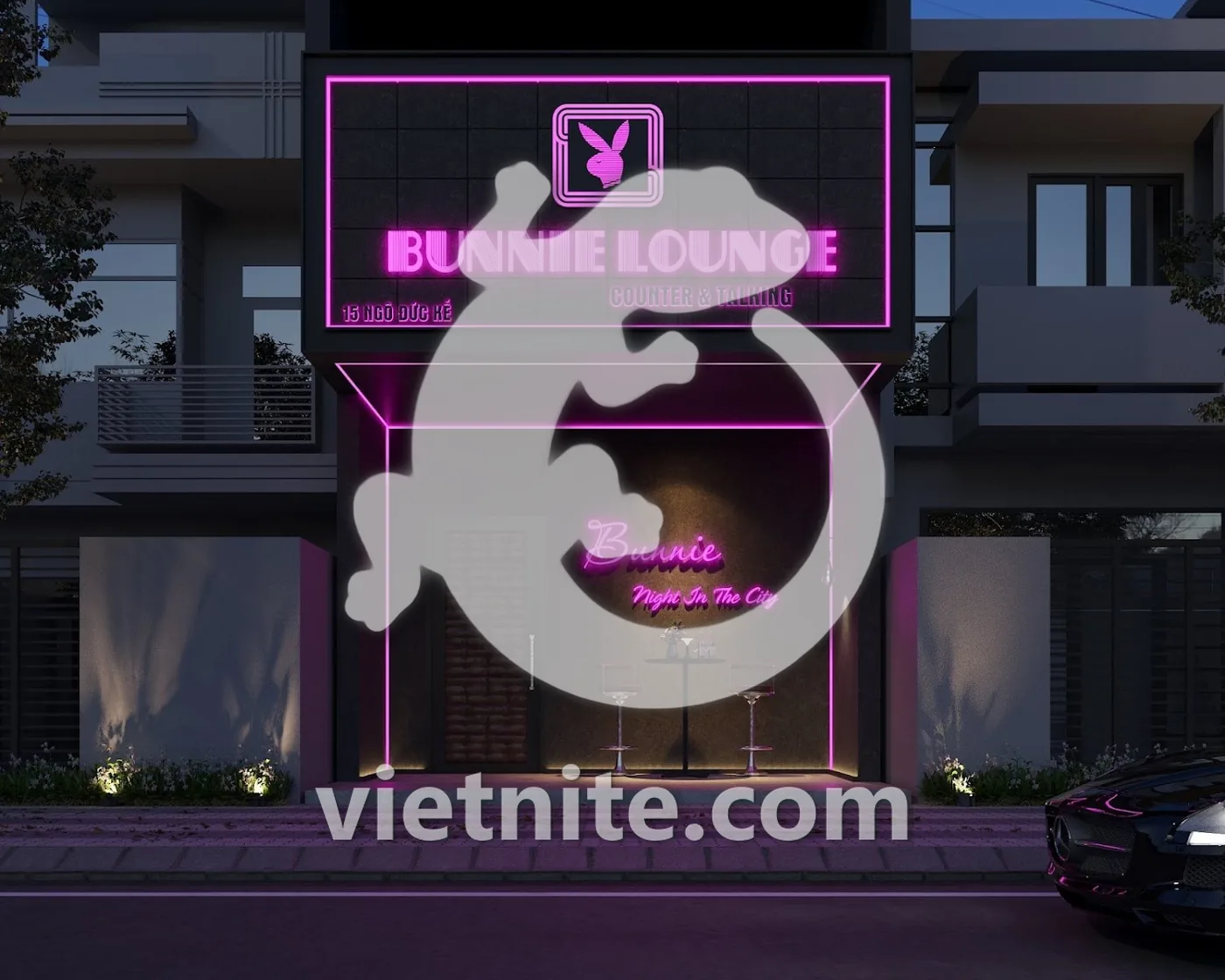 나트랑 버니바 라운지 외관 — 핑크 네온 간판 BUNNIE LOUNGE와 밤 입구